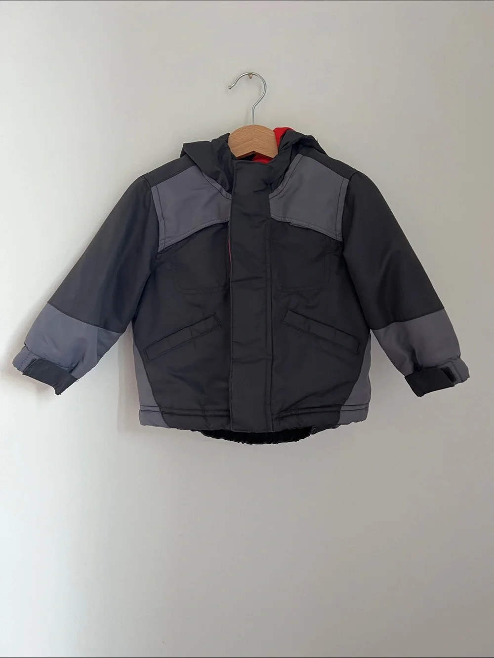 Old Navy | Baby Hooded Puffer Gray Jacket & Red Orange Lining Sz 12-18